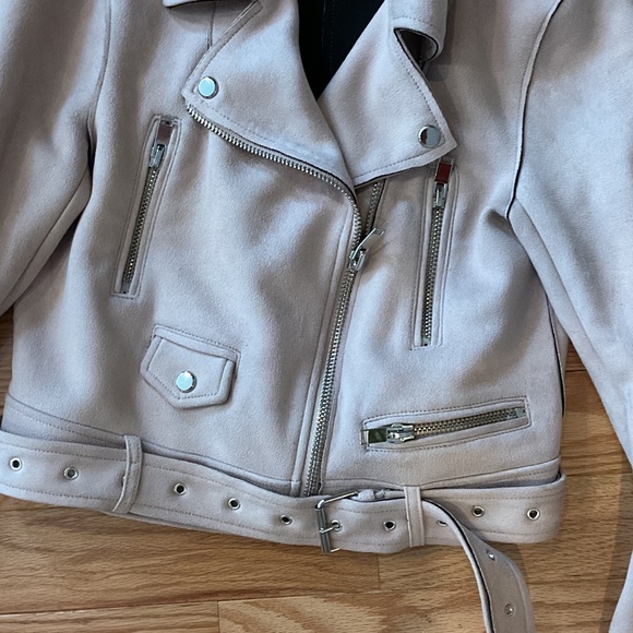 Zara Basic NWOT Blush Pink Biker Jacket zippers belt medium faux suede boho - Picture 3 of 11